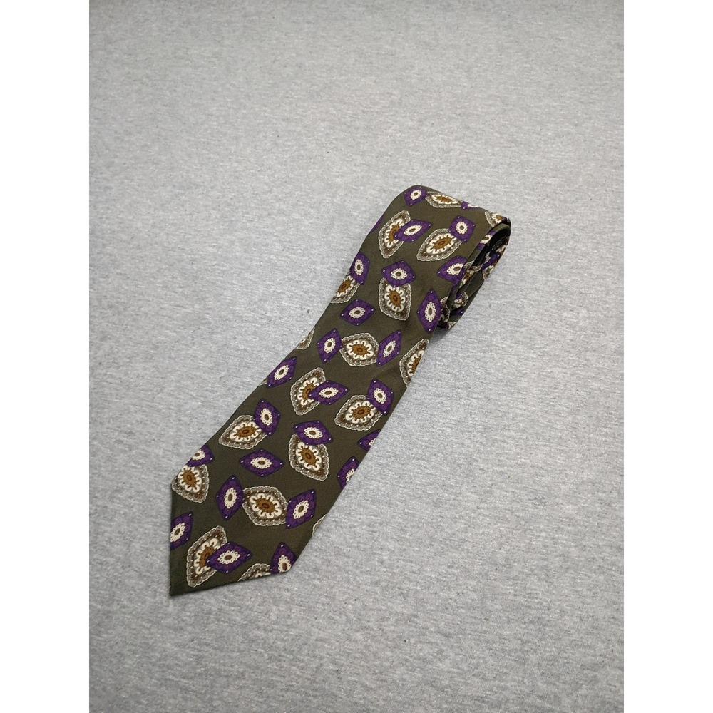 Oscar de la Renta Couture Silk Tie Olive Green Purple Geometric Medallion USA